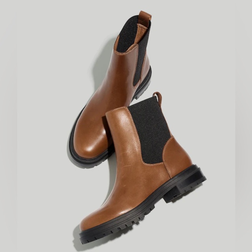 Madewell Brown Leather Chelsea Booties with Black Elastic Panels